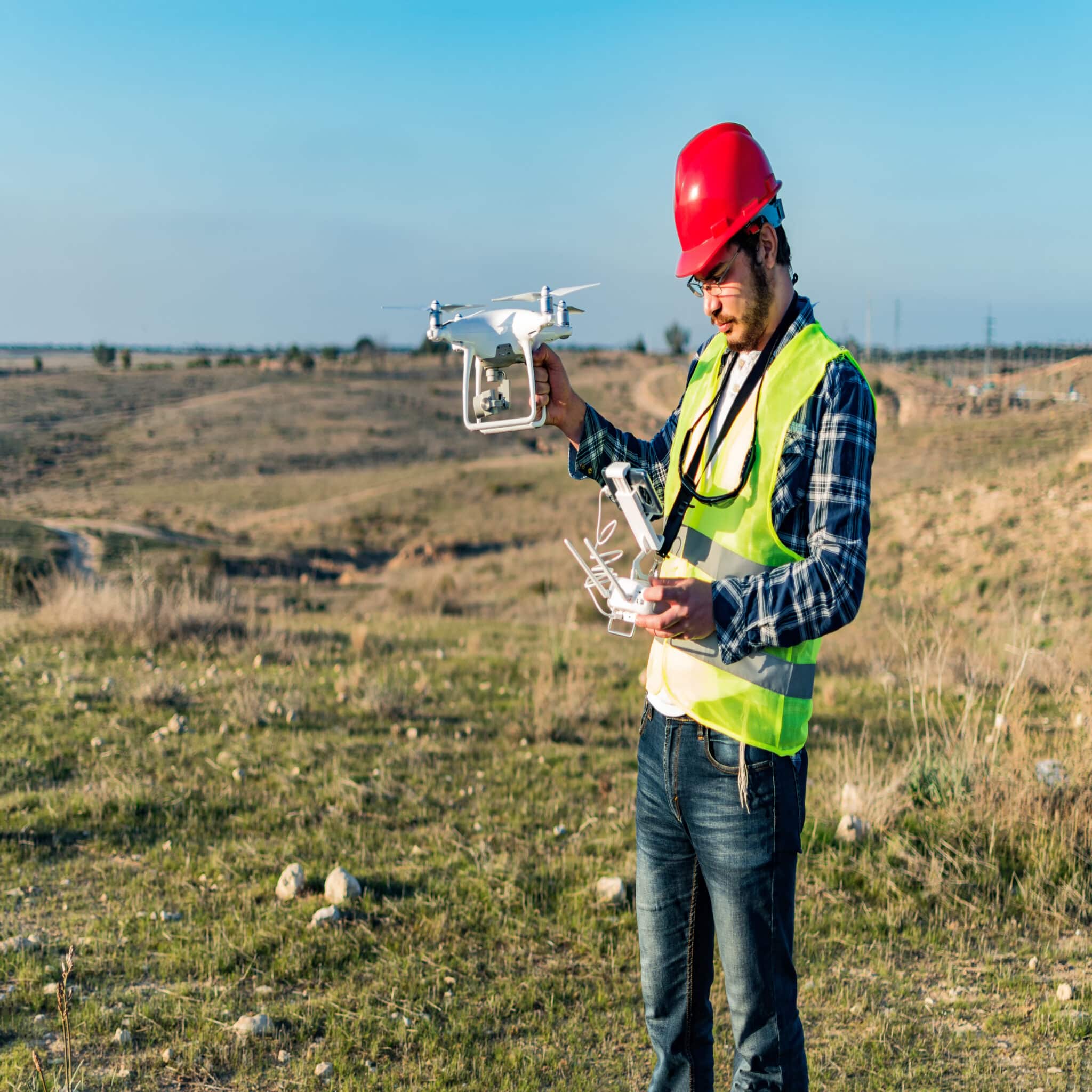 Male worker holding drones in the field - drone inspection